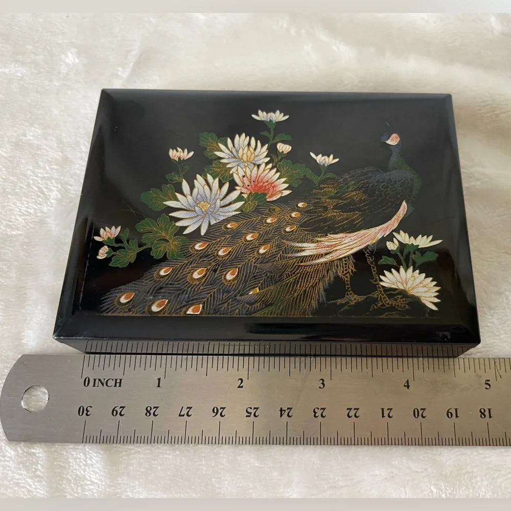 Vintage Black Lacquered Peacock Floral Mini Travel Tissue Box with Mirror